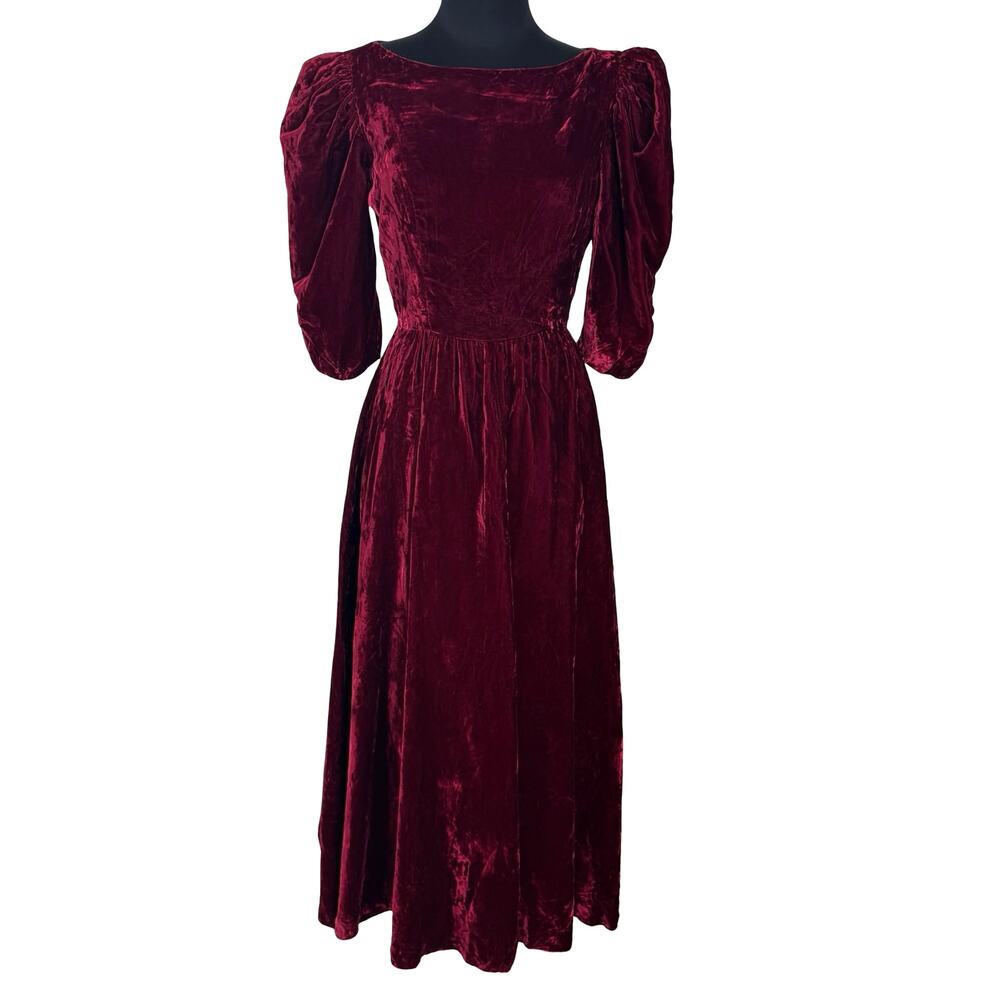 Vintage 80s Red Velvet Puff Sleeve Prom Dress Goth Glam Dessy Creations XS S